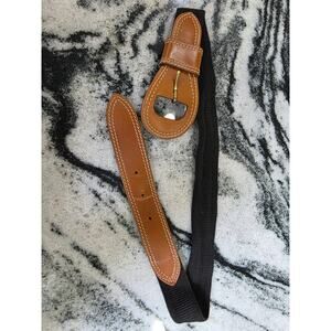 Vintage Black Elastic Belt Leather Trim Brass Buckle Western 31” Stretch Waist